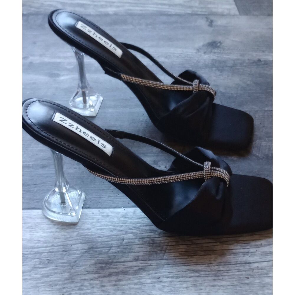 Zzheels Women's Size 9 Black Satin Square Toe Heeled Sandals - NWT
